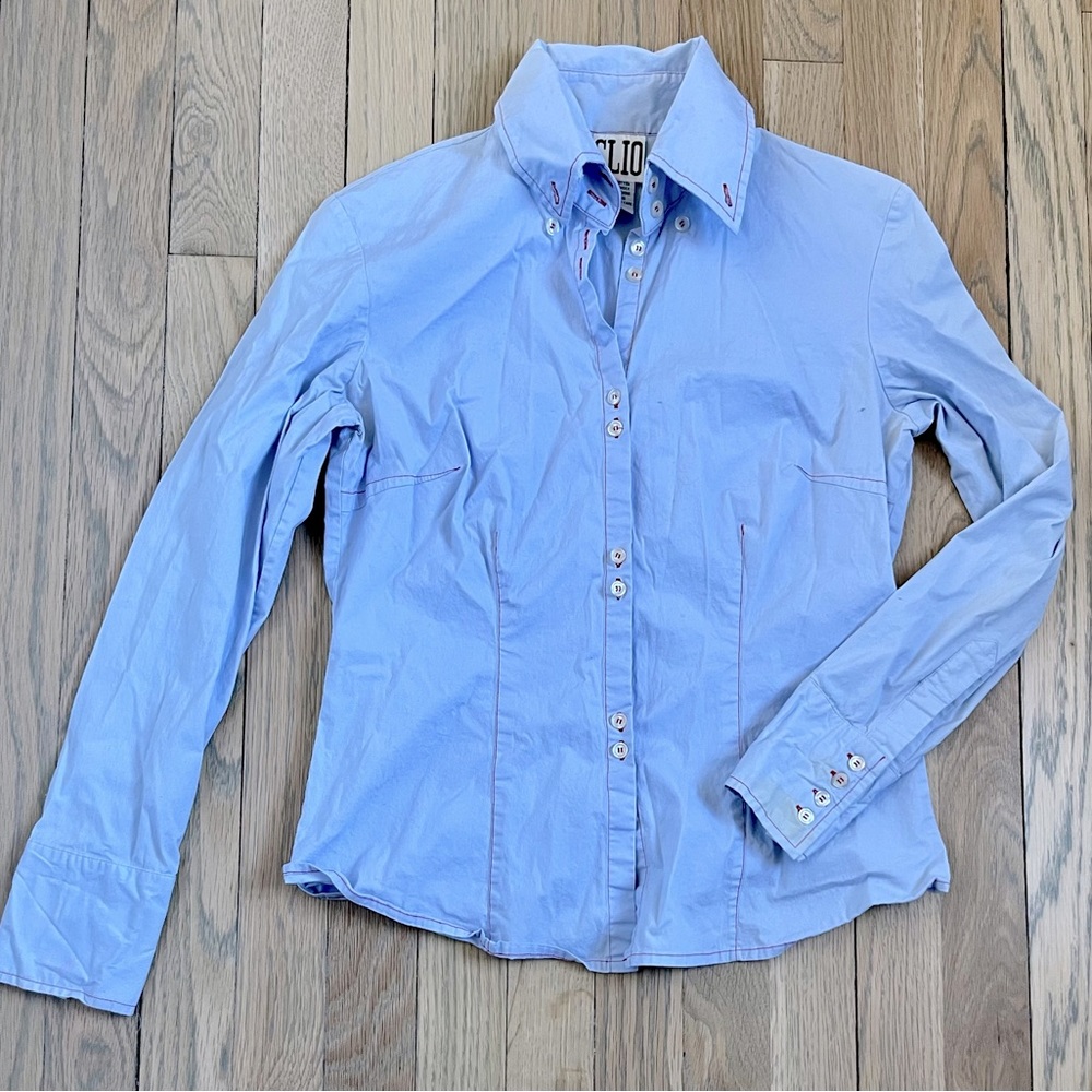 CLIO Button Down Shirt. Size 8. Light Blue with Red Stitching.